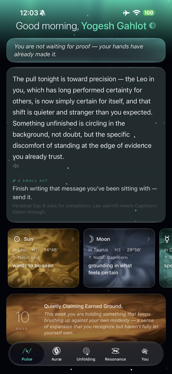 Æshar's daily Pulse — a personal reading with sun, moon, and transit cards